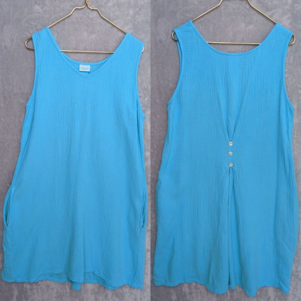 SUN MODA Blue Oahu Dress Size L Double Gauze Cotton Button Back Resort USA